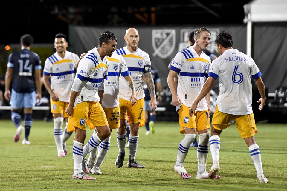 The San Jose Earthquakes' 4-3 win over the Vancouver Whitecaps on Wednesday was one of many dramatic matches during the early part of the MLS is Back Tournament in Florida. (Douglas P. DeFelice/Getty Images)