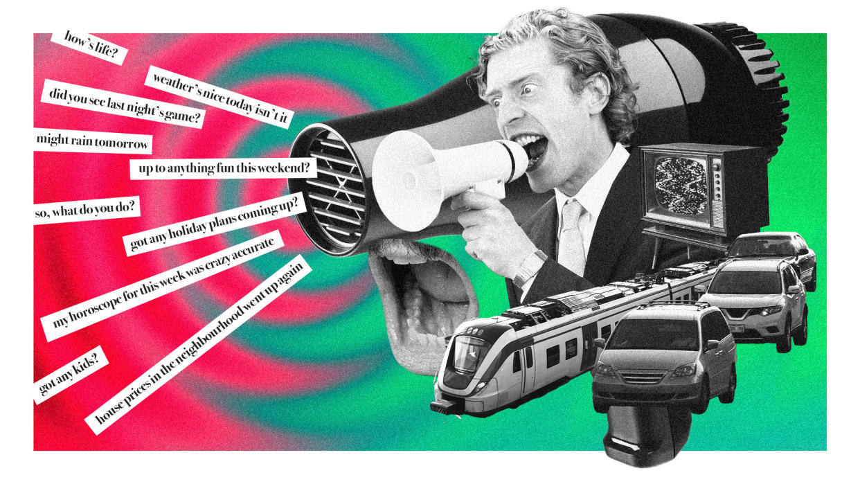  Photo collage of a man with a megaphone, a giant hairdryer, a screaming mouth, a TV, a train and some cars, all making noise. The background is a red and green ripple emanating from the megaphone, like soundwaves, with stock small talk phrases written out, such as "so, what do you do?". 