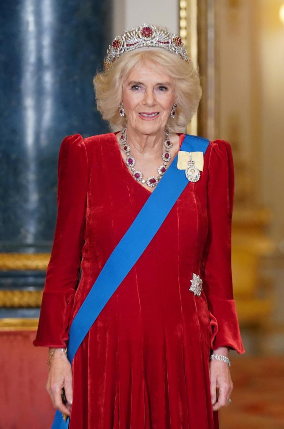 PHOTO: Queen Camilla poses for photos ahead of the State Banquet at Buckingham Palace on Nov. 21, 2023 in London, England. King Charles is hosting Korean President Yoon Suk Yeol and his wife Kim Keon Hee on a state visit from November 21-23.  (Yui Mok-WPA Pool/Getty Images)