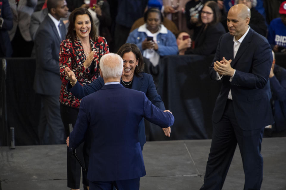 DETROIT, MI - MARCH 9: Senator Cory Booker, Governor Gretchen Whitmer and Senator Kamala Harris greet former Vice President Joe Biden before he speaks at an event at Renaissance High School in Detroit, MI on March 9, 2020. (Photo by Carolyn Van Houten/The Washington Post via Getty Images)