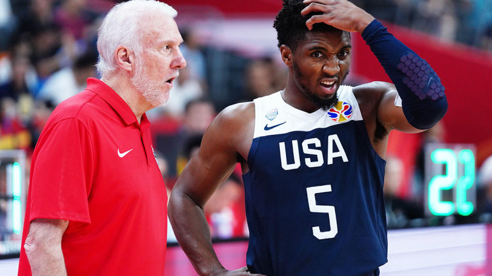 Gregg Popovich and Donovan Mitchell, pictured here during Team USA's loss to Serbia.