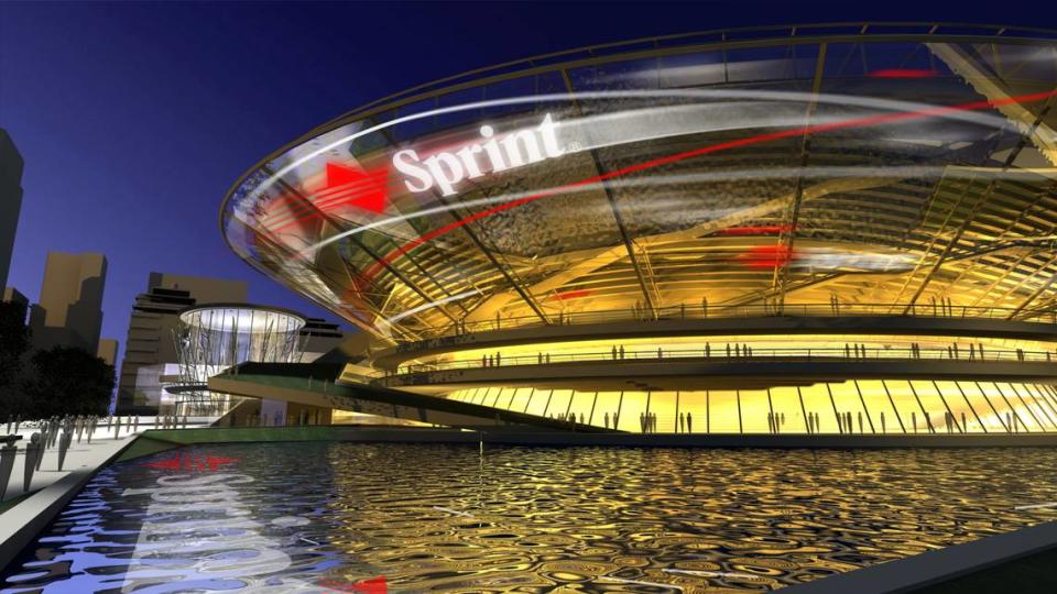 This spaceship-like design by the Downtown Area Design Team was one of the concepts in contention for the final design of the Sprint Center, now the T-Mobile Center. Downtown Arena Design Team