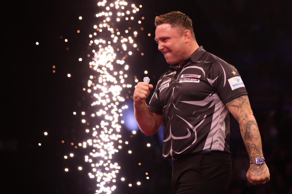 SHEFFIELD, ENGLAND - MAY 12: Gerwyn Price of Wales celebrates after victory in their match against Michael van Gerwen of Netherlands on night 14 of the Cazoo Premier League Darts at Utilita Area Sheffield on May 12, 2022 in Sheffield, England. (Photo by George Wood/Getty Images)