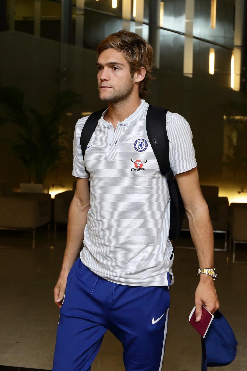 <p>Marcos Alonso of Chelsea FC arrives at Jet Quay Private Terminal ahead of the International Champions Cup on July 23, 2017 in Singapore. </p>