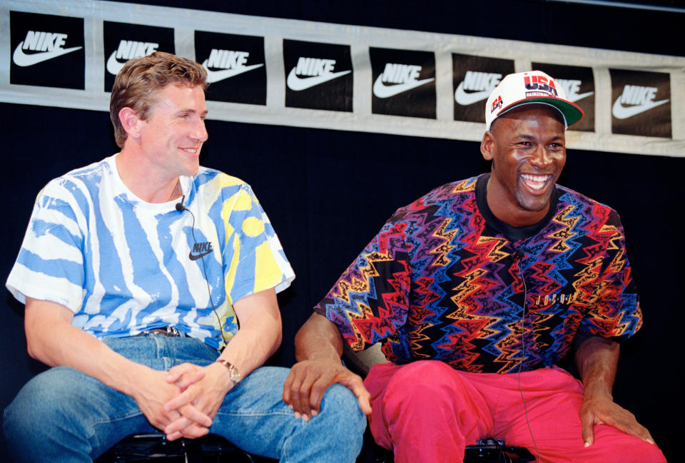 Michael Jordan and Sergej Bubka, a member of the CIS track and field team during a news conference for Nike in Barcelona during the 1992 Olympics in Barcelona, Spain. - Credit: AP