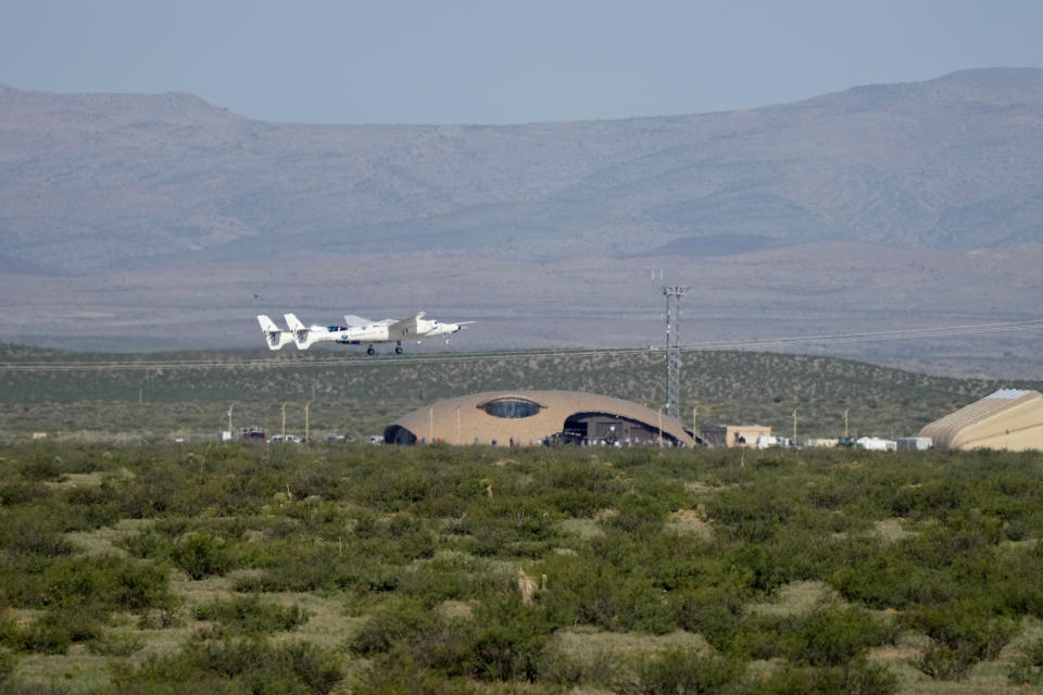 TRUTH OR CONSEQUENCES, NM - JULY 11: Virgin Galactic's VMS Eve carries the VSS Unity on takeoff from Spaceport America, July 11, 2021 in Truth Or Consequences, New Mexico. Aboard VSS unity are pilots Dave Mackay and Michael Masucci, and mission specialists Sirisha Bandla, British billionaire and founder of Virgin Galactic Sir Richard Branson, Colin Bennett, and Beth Moses. The VSS Unity is scheduled to travel to an altitude of over 50 miles above the Earth. (Photo by David Lienemann/Getty Images)