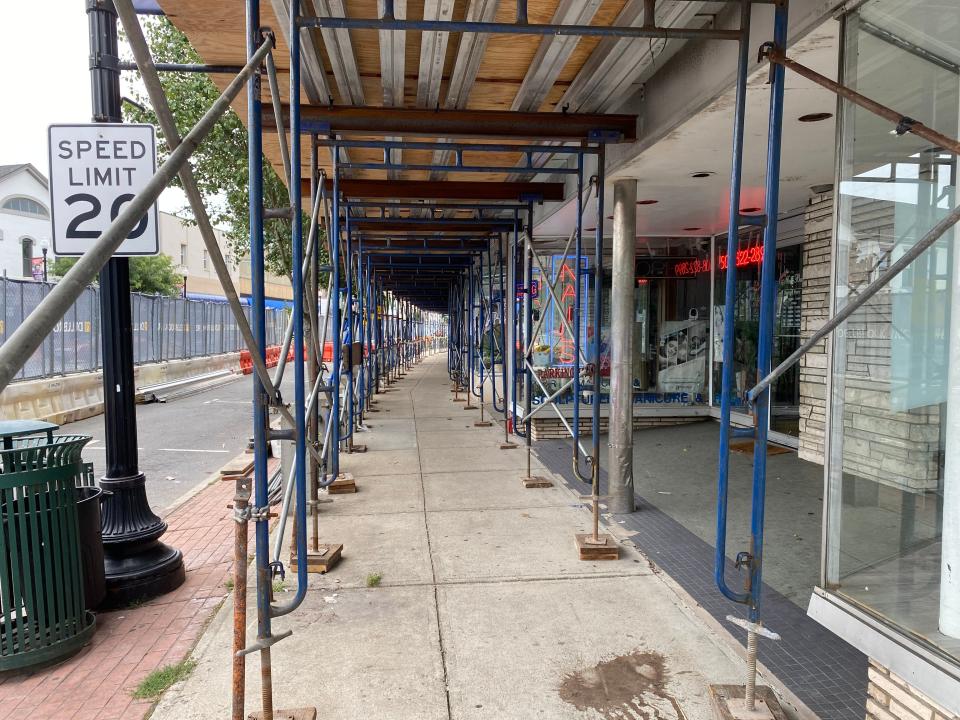 Nine businesses on Main Street in Taunton, from the corner of Weir Street almost to Merchants Lane, have been shut down since July 25,2023, due to structural issues with the top floors of the Union Block property, seen here on July 29, 2023.