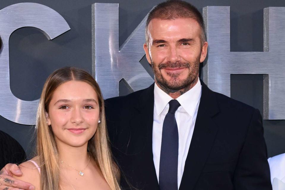 <p>Karwai Tang/WireImage</p> David Beckham poses for a photo with daughter Harper at the Netflix 