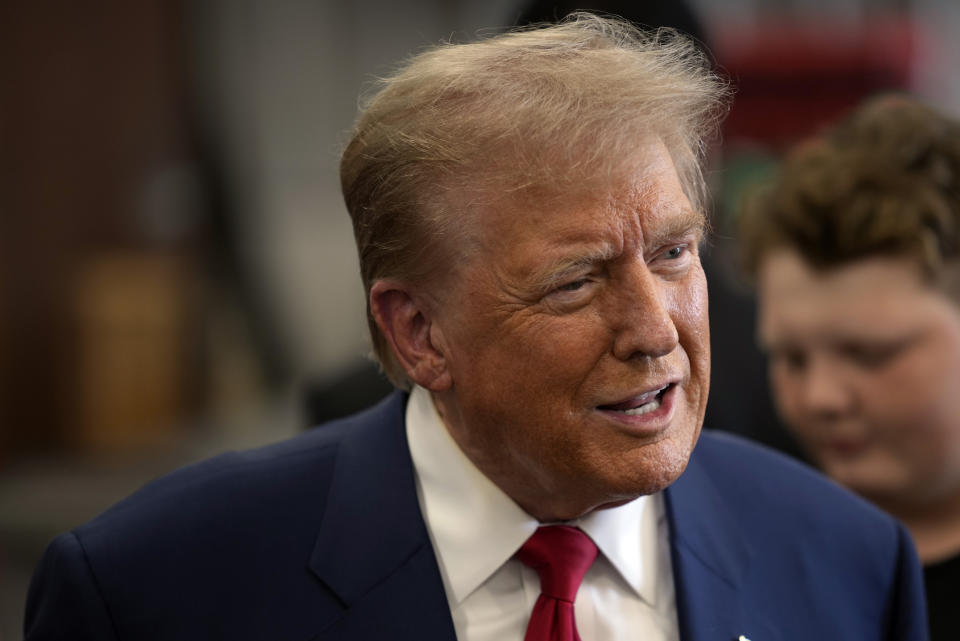 Republican presidential nominee former President Donald Trump visits the Shanksville Volunteer Fire Company in Shanksville, Pa., Wednesday, Sept. 11, 2024. (AP Photo/Matt Rourke)