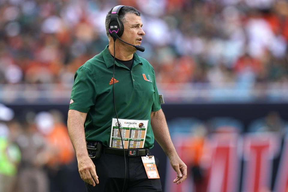 Miami head coach Mario Cristobal watches during the first half of an NCAA college football game against Bethune Cookman, Saturday, Sept. 3, 2022, in Miami Gardens, Fla. (AP Photo/Lynne Sladky)