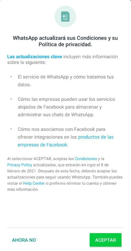 Una notificación de cambios de términos en WhatsApp