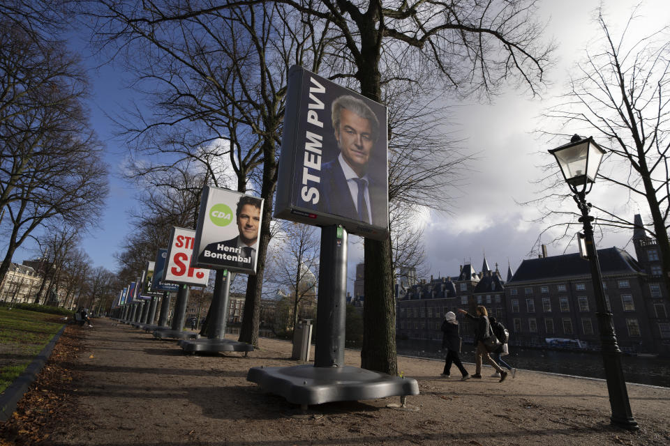 An election billboard for anti-islam lawmaker Geert Wilders is seen near the parliament building in The Hague, Netherlands, Monday, Nov. 20, 2023. Dutch voters will go to the polls on Wednesday Nov. 22, 2023. (AP Photo/Peter Dejong)