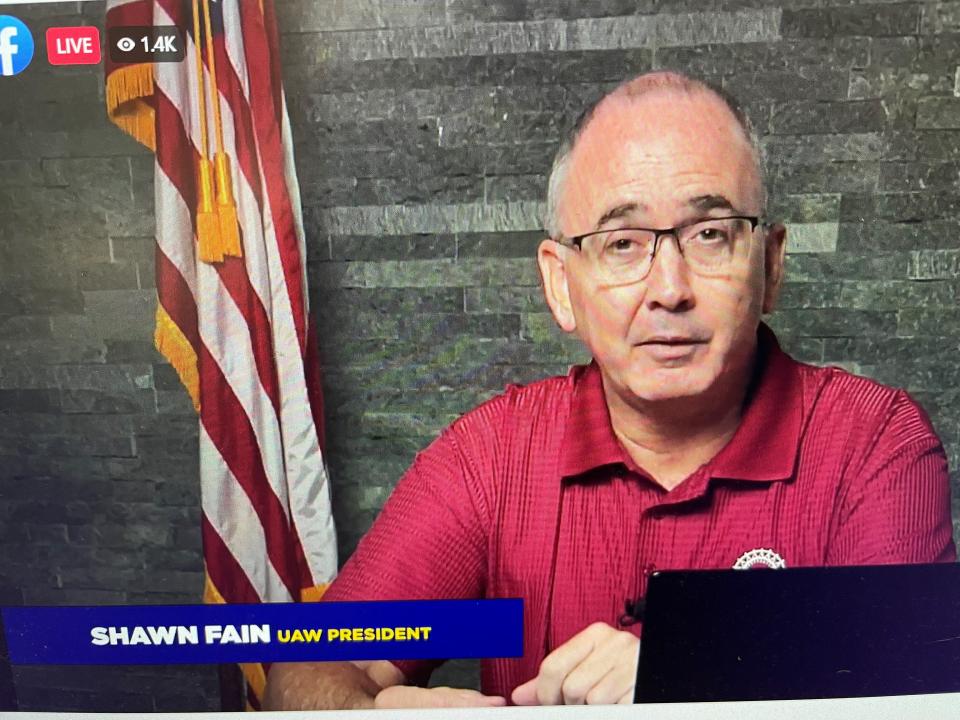 UAW President Shawn Fain gives a Facebook Live update on the strike authorization vote on August 25, 2023 from UAW Local 862, which represents the hourly workforce at Ford's Louisville Assembly Plant in Kentucky.