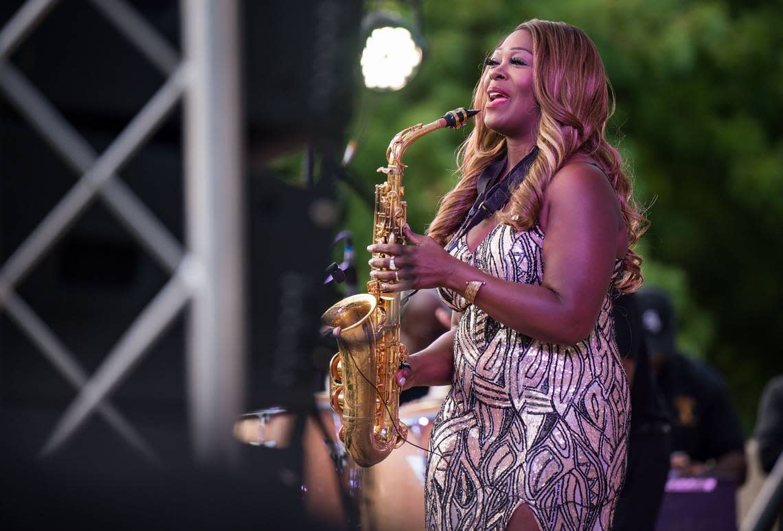 Jeanette Harris, known as the “Queen of the Sax,” performs at the inaugural Elk Grove Fall Jazz Festival in September at the Laguna Town Hall amphitheater. Xavier Mascareñas/Sacramento Bee file