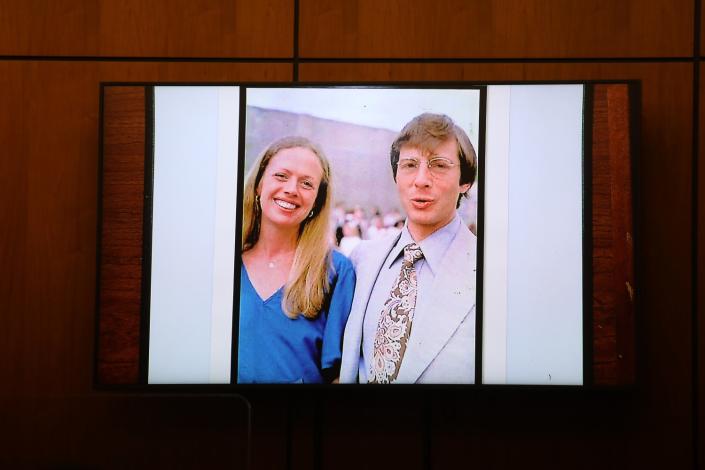 Robert Durst with wife Kathie McCormack in a photo projected during the trial.