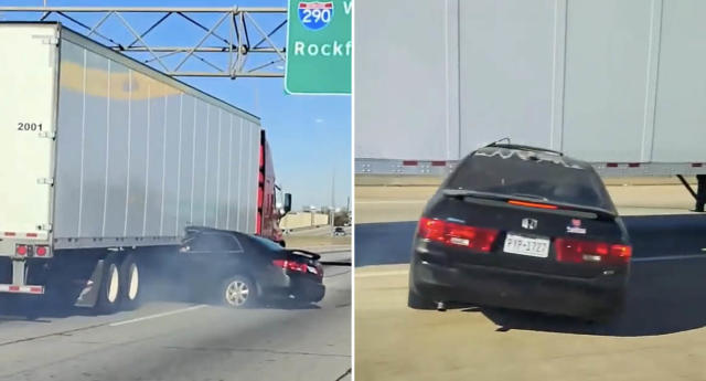 car stuck under truck on highway