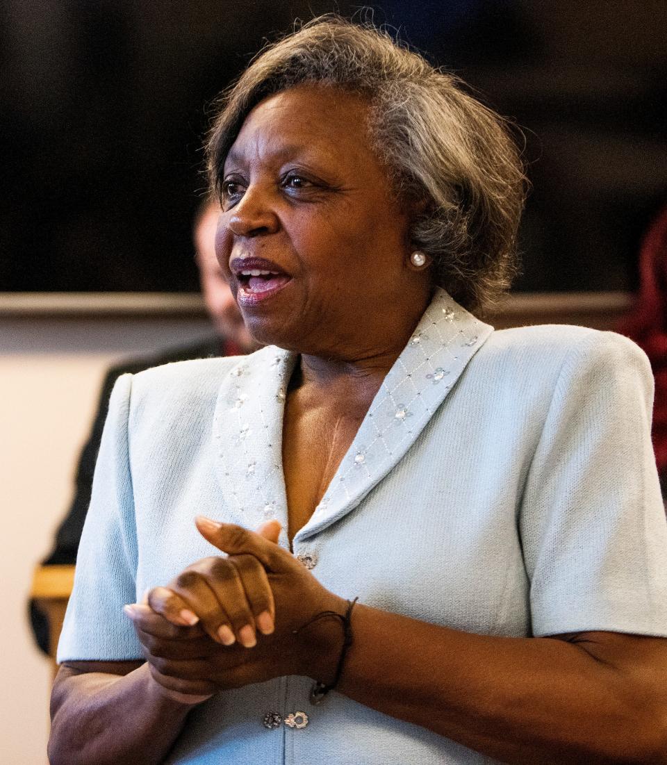 Montgomery County School Board incumbent candidate Brenda DeRamus Coleman speaks during a candidate forum In Montgomery, Ala., on Thursday April 28, 2022. 