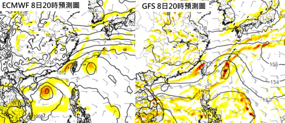 圖：最新(1日20時)歐洲(ECMWF左圖) 及美國(GFS右圖)模式模擬顯示，下週後期西北太平洋轉為有利熱帶擾動發展的環境，是否有靠近而影響台灣附近天氣的機率？尚待進一步觀察。