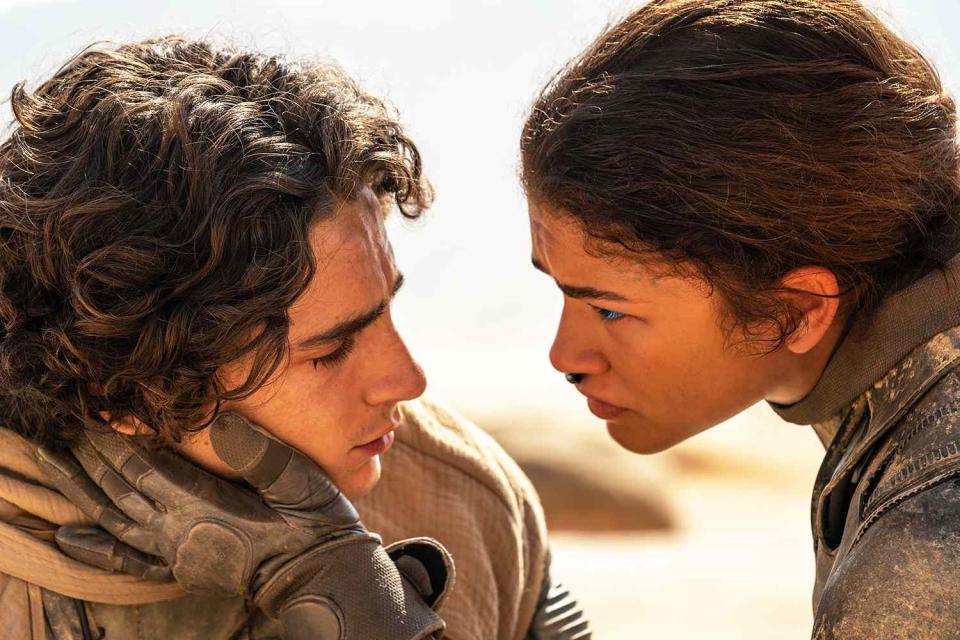 <p>Niko Tavernise/Warner Bros. Pictures</p> Chalamet with Zendaya on planet Arrakas