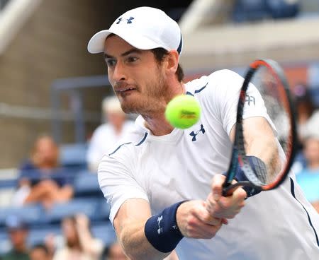 Sept 3, 2016; New York, NY, USA; Andy Murray of Great Britain hits to Paolo Lorenzi of Italy on day six of the 2016 U.S. Open tennis tournament at USTA Billie Jean King National Tennis Center. Mandatory Credit: Robert Deutsch-USA TODAY Sports