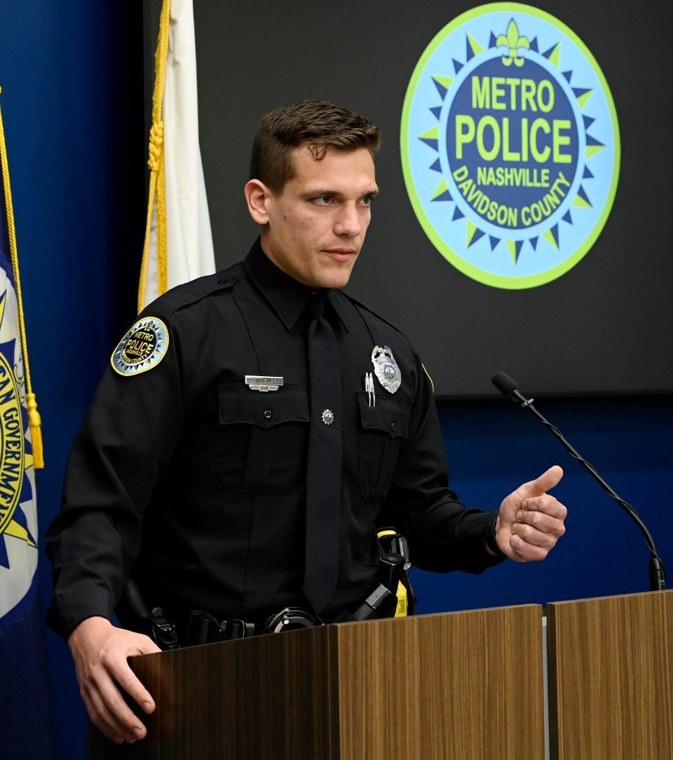 Metro Nashville Police Officer Rex Engelbert  talks about his role in responding to the mass shooting at Covenant School during a press conference Tuesday,  April 4, 2023, 2023, in Nashville, Tenn.