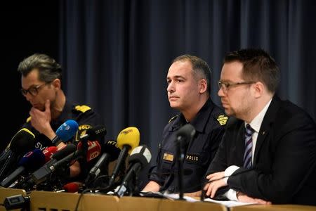 Jan Evensson, Regional Strategic Commander, Jonas Hysing, National Strategic Commander, Johan Olsson, Head of Operations, The Swedish Security Service during a police briefing following Friday's attack in central Stockholm, Sweden, Sunday, April 9, 2017. Maja Suslin/TT News Agency via REUTERS