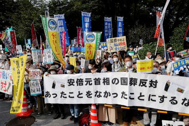 PHOTO: Protesters attend a rally outside the parliament building against Japan's state funeral for former Prime Minister Shinzo Abe, in Tokyo, Sept. 27, 2022. (Issei Kato/Reuters)