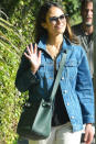 <p>Jordana Brewster wears a jacket that says, “Have a nice day,” and a big smile while on a walk through sunny Brentwood, California, on Thursday.</p>