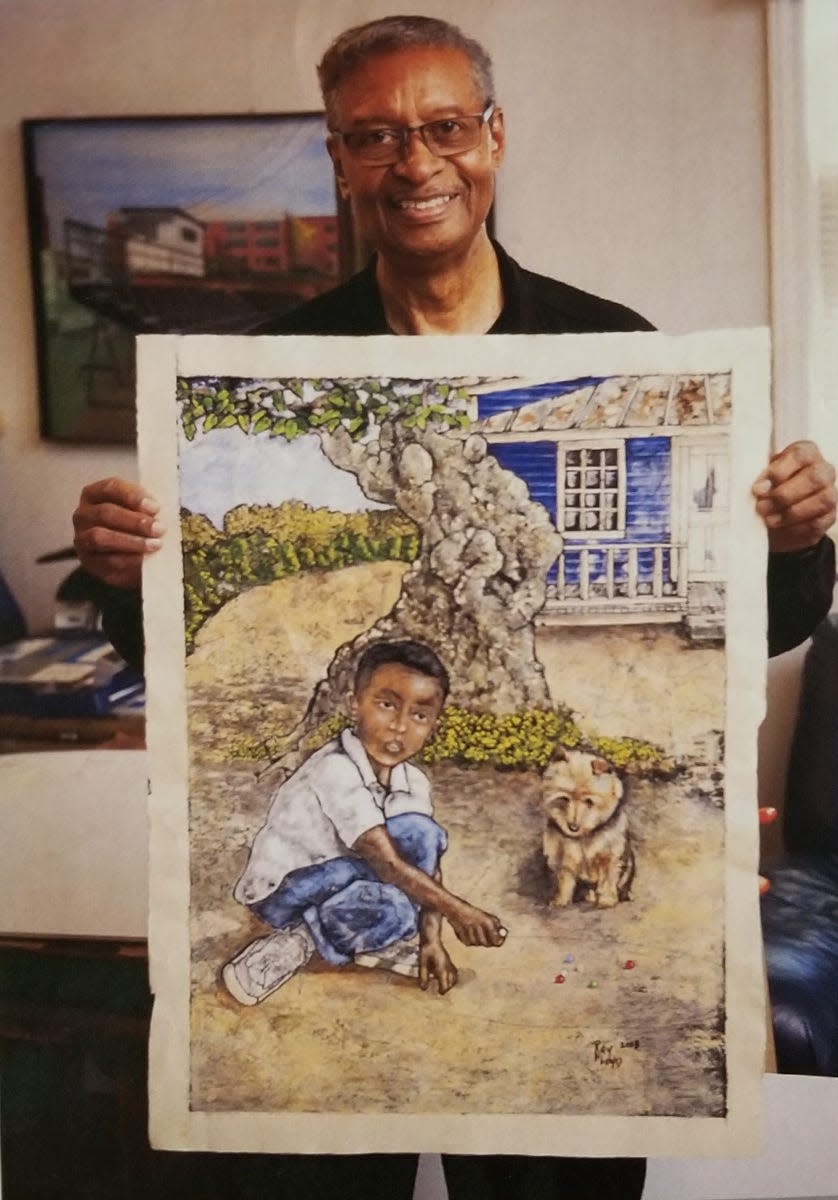 Raymond Floyd with a portrait of himself as a child with a dog.