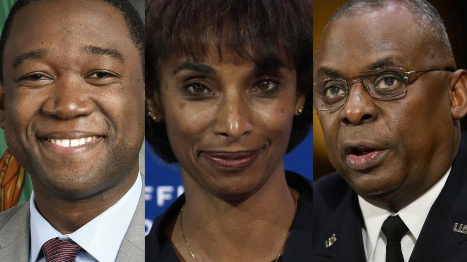 Left to right: Adewale Adeyemo, nominated for deputy treasury secretary; Cecilia Rouse, chair of the Economic Advisory Council; and Gen. Lloyd Austin, nominated for Defense Secretary. (Photo: Getty Images)