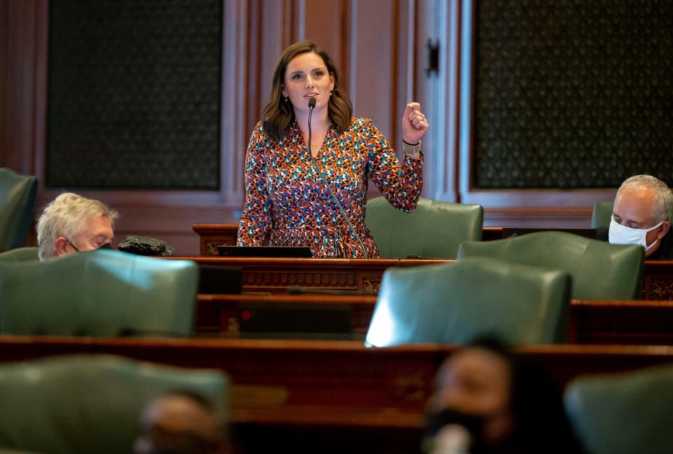 Illinois State Rep. Avery Bourne, R-Morrisonville, speaks in opposition of Senate Bill 539, an omnibus ethics package, as representatives debate Gov. JB Pritzker's amendatory veto on the bill on the floor of the Illinois House of Representatives at the Illinois State Capitol in Springfield, Ill., Thursday, September 9, 2021. [Justin L. Fowler/The State Journal-Register] 