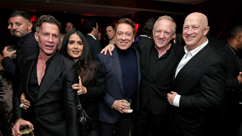 Bruce Bozzi, Salma Hayek, Kevin Huvane, Francois-Henri Pinault and Bryan Lourd attend CAA’s pre-Oscar party at Sunset Tower on March 8, 2024.