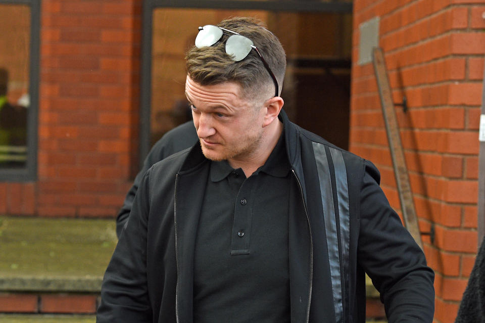 Tommy Robinson leaving Luton Magistrates' Court, Bedfordshire, following a civil proceeding brought by Bedfordshire Police to decide if he should face a football banning order, which would see him banned from all England games at home or abroad. (Photo by Kirsty O'Connor/PA Images via Getty Images)