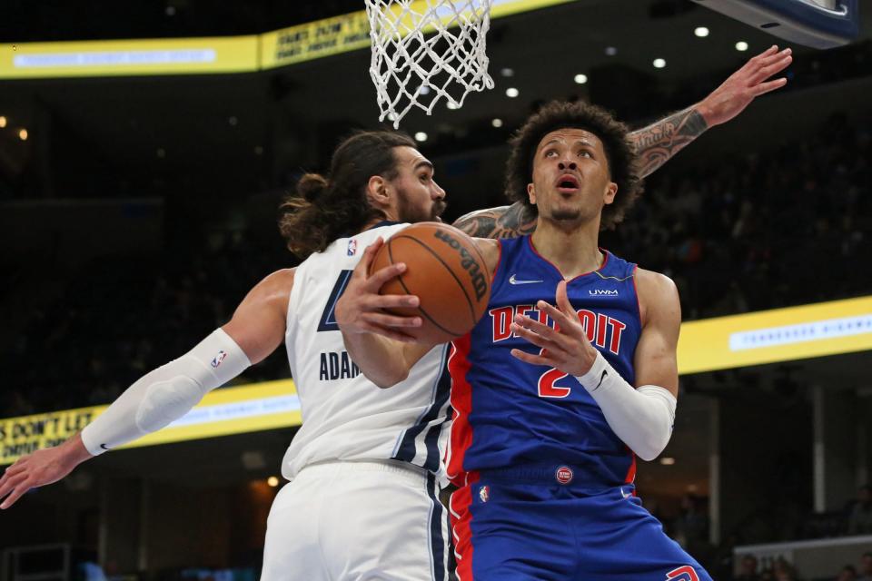 Detroit Pistons guard Cade Cunningham (2) shoots as Memphis Grizzles center Steven Adams (4) defends during the first half at FedEx Forum in Memphis, Tennessee, on Thursday, Jan. 6, 2022.