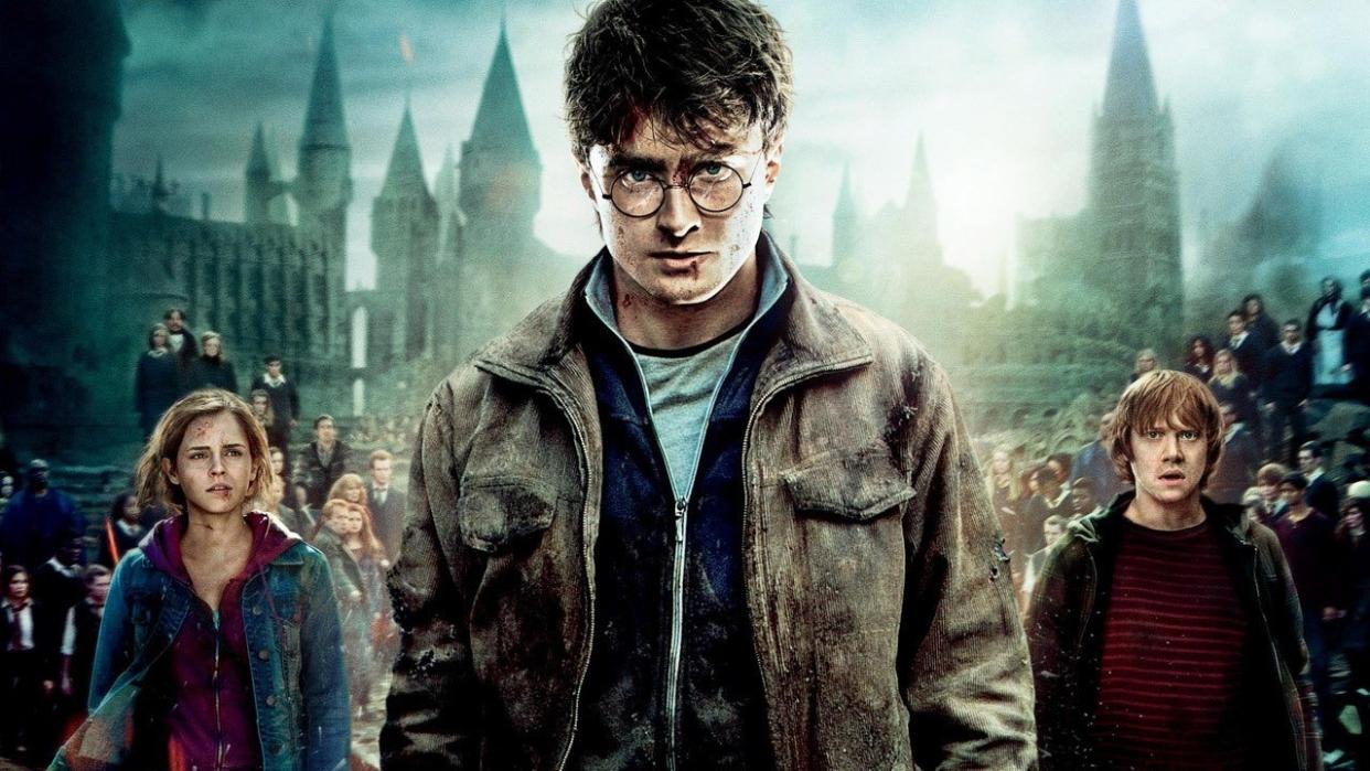  An official promotional image for Harry Potter and the Deathly Hallows Part 2, one of April's new Max movies, which shows the titular wizard, Hermione, and Ron. 