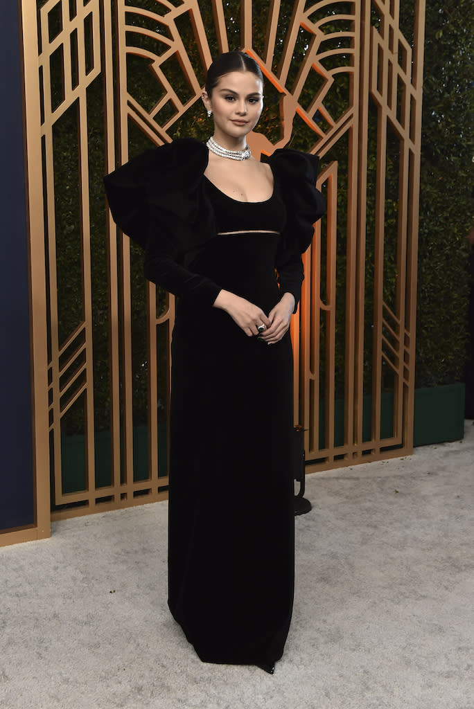 Selena Gomez arrives at the 28th annual Screen Actors Guild Awards on Feb. 27, 2022 in an Oscar de la Renta gown. - Credit: Jordan Strauss/Invision/AP