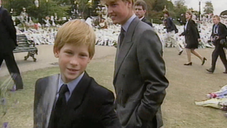 Prince Harry aged 12 greets mourners following the death of his mother, Princess Diana in 1997