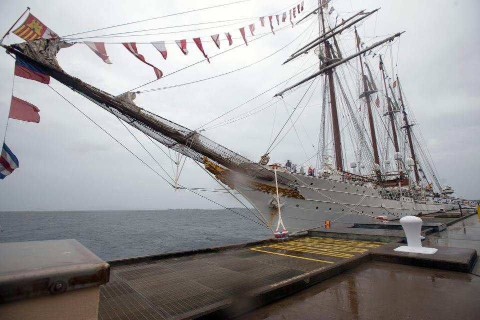 Visitors tour the Royal Spanish Navy training ship,  Juan Sebastian de Elcano Sunday, March 31, 2019  at NAS Pensacola. The ship will be berthed at NAS Pensacola and available for tours for a few days this week.  The Elcano is a four-masted , steel-hulled, barquentine and is 371 feet long.