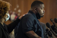 Aubrey Wright, father of the deceased Daunte Wright, speaks during a news conference at New Salem Missionary Baptist Church, Thursday, April 15, 2021, in Minneapolis. (AP Photo/John Minchillo)