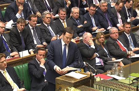 A still image taken from video shows Britain's Chancellor of the Exchequer George Osborne, presenting his Budget to the House of Commons, in central London March 19, 2014. REUTERS/UK Parliament via REUTERS TV