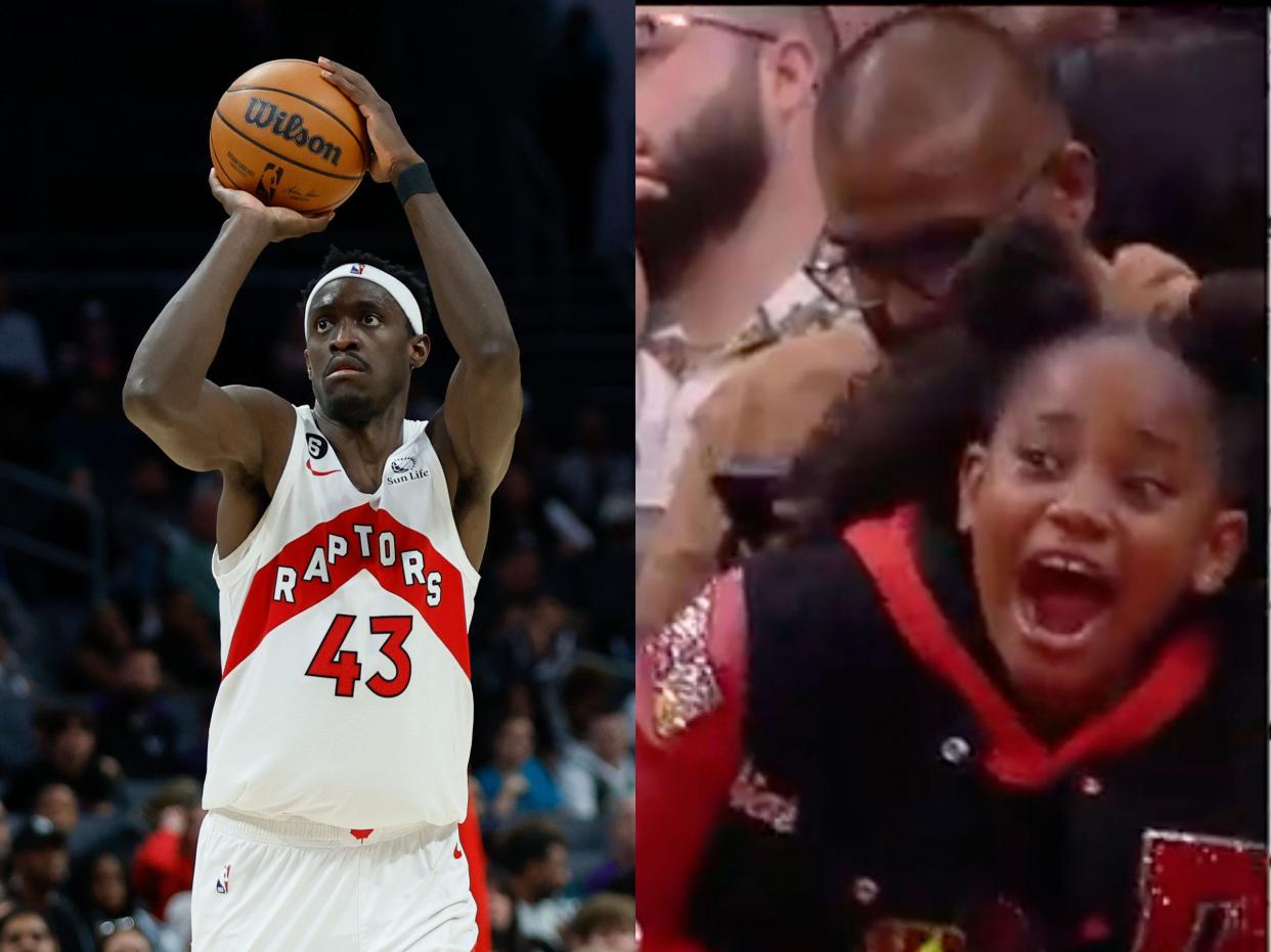 Pascal Siakam attempts a shot. Diar DeRozan screams.