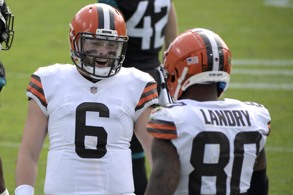 Cleveland Browns wide receiver Jarvis Landry celebrates his touchdown catch from quarterback Baker Mayfield (6) during the first half of an NFL football game, Sunday, Nov. 29, 2020, in Jacksonville, Fla. (AP Photo/Phelan M. Ebenhack)