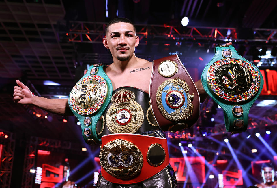 LAS VEGAS, NEVADA - OCTOBER 17: In this handout image provided by Top Rank, Teofimo Lopez Jr celebrates after defeating Vasiliy Lomachenko (not pictured) in their Lightweight World Title bout at MGM Grand Las Vegas Conference Center on October 17, 2020 in Las Vegas, Nevada. (Photo by Mikey Williams/Top Rank via Getty Images)