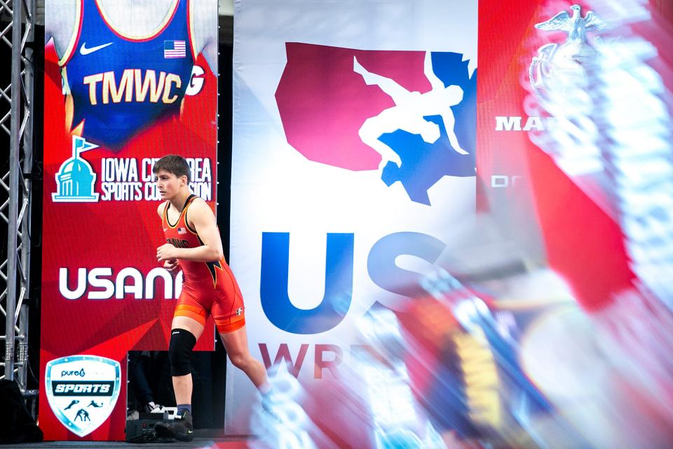 Alexandra Hedrick is introduced before wrestling at 57 kg during the final session of the USA Wrestling World Team Trials Challenge Tournament on May 22 at Xtream Arena in Coralville.