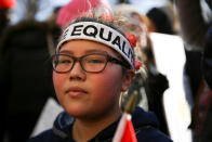 <p>A demonstrator takes part in the Women’s March in Manhattan in New York City, Jan. 20, 2018. (Photo: Caitlin Ochs/Reuters) </p>