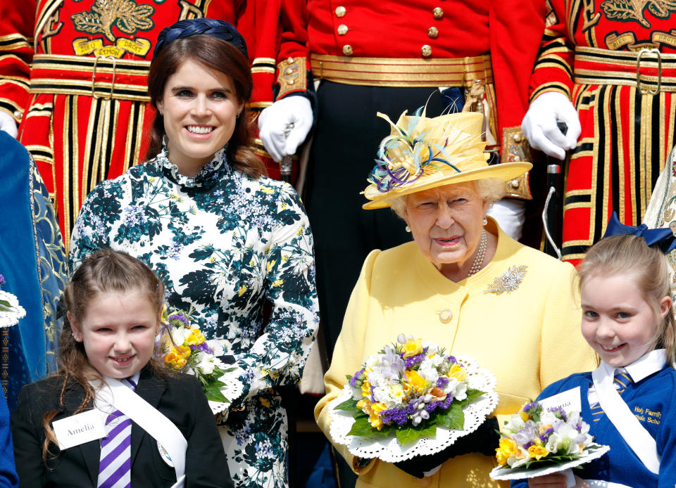 WINDSOR, UNITED KINGDOM - APRIL 18: (EMBARGOED FOR PUBLICATION IN UK NEWSPAPERS UNTIL 24 HOURS AFTER CREATE DATE AND TIME) Princess Eugenie and Queen Elizabeth II attend the traditional Royal Maundy Service at St George's Chapel on April 18, 2019 in Windsor, England. During the service The Queen distributed Maundy money to 93 men and 93 women, one for each of her 93 years. (Photo by Max Mumby/Indigo/Getty Images)