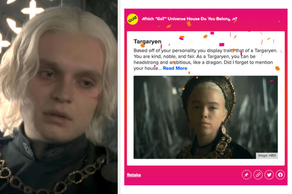 Screenshots from BuzzFeed quiz and "House of the Dragon"