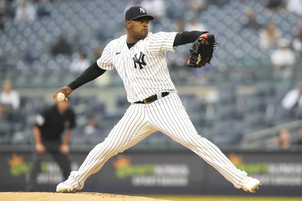 New York Yankees' Luis Severino pitches during the first inning in the first baseball game of a doubleheader against the Chicago White Sox Thursday, June 8, 2023, in New York. (AP Photo/Frank Franklin II)