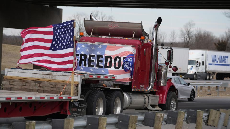 A vehicle in  the People's Convoy passes by  on I-70 in West Jefferson, Ohio Thursday, March 3, 2022.  