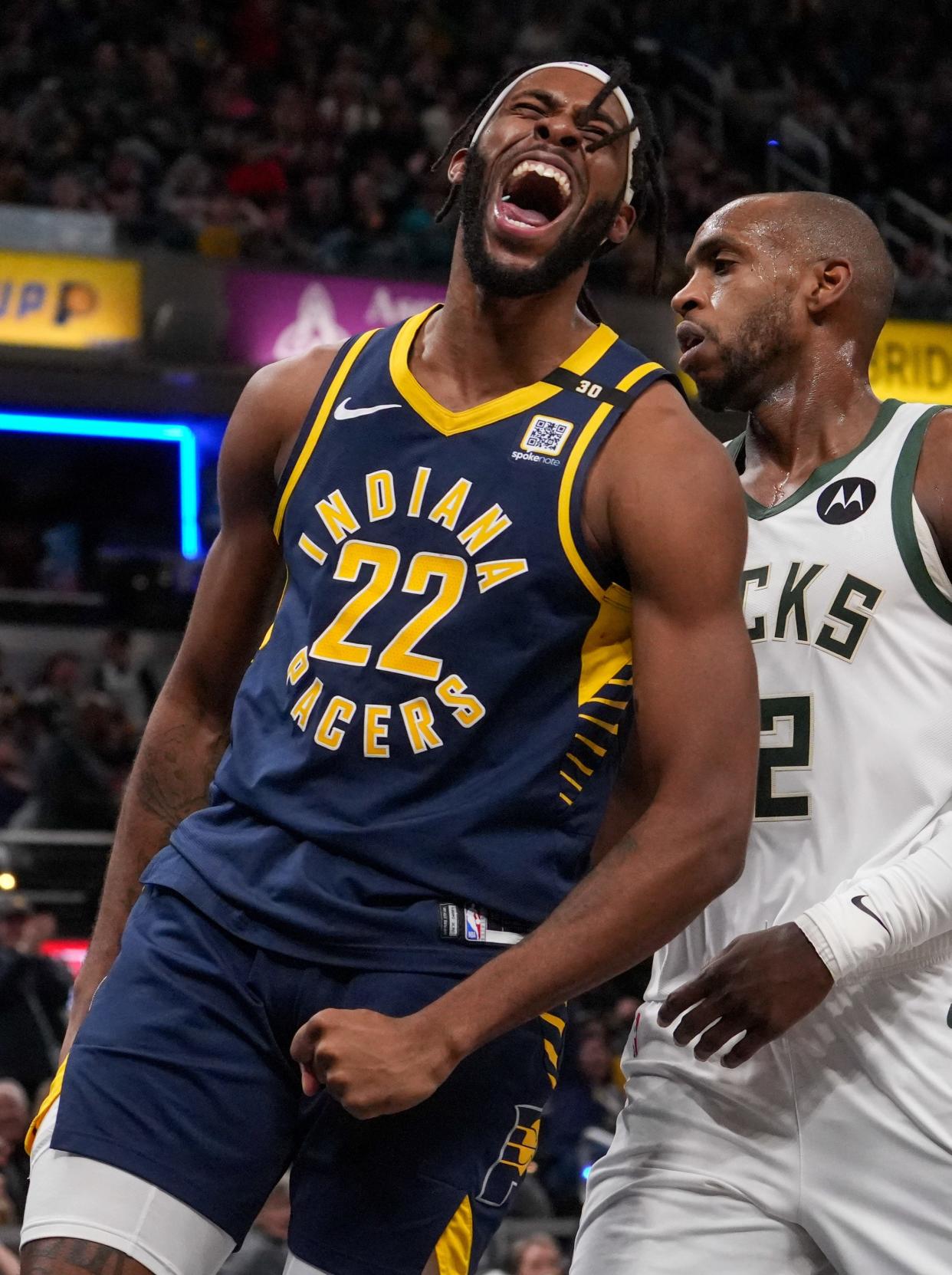 Indiana Pacers forward Isaiah Jackson (22) celebrates after scoring during the game between Indiana Pacers and Milwaukee Bucks Wednesday, Jan. 3, 2024, at Gainbridge Fieldhouse in Indianapolis. Pacers beat Bucks 142-130.